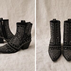 ISNOM Black Studded Cowboy Ankle Boots Western Booties Size 8